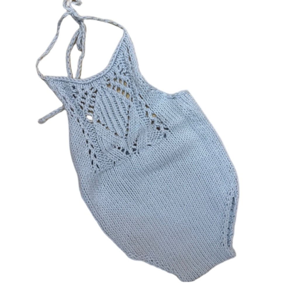 Baby Bird Light Blue Knit Romper 12-18M Boho Cottagecore Tie Strap Minimalist